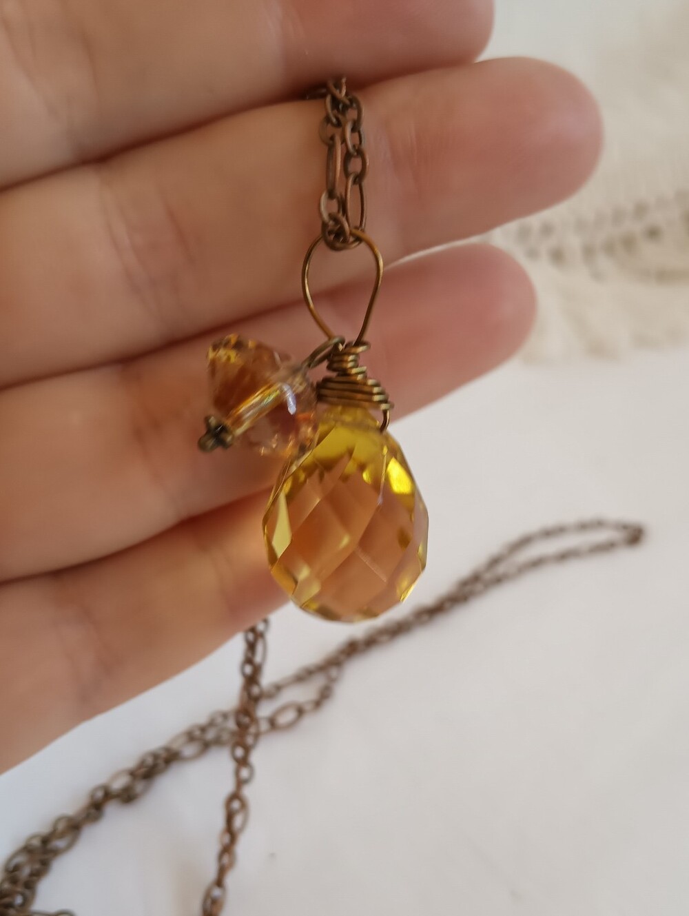 Hand Crafted Citrine Drop Pendant Amber Czech Glass X Long Antique Brass Chain - Picture 6 of 7